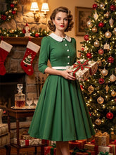 Load image into Gallery viewer, 1950s Vintage Christmas Green Peter Pan Collar Swing Dress