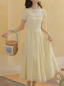 Retro Yellow Puff-Sleeve Dress with Lace Edging