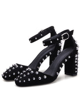 Load image into Gallery viewer, Women&#39;s Piont Toe Rivet Chunky Heel Sandals Leather Vintage Shoes