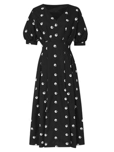 Black V Neck Balloon Sleeve Embroidered 1950S Vintage Dress
