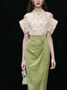 2PS White Rose Print Pearl Shirt With Green Slit Wrap Skirt Suit