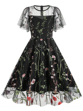 Load image into Gallery viewer, Wine Red Semi Mesh Flower Embroidered Short Sleeve 50S Swing Dress