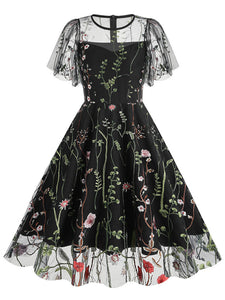 Wine Red Semi Mesh Flower Embroidered Short Sleeve 50S Swing Dress