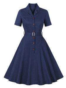 1950S Turndown Collar Solid Color Short Sleeve Vintage Dress