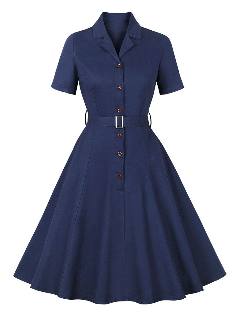 1950S Turndown Collar Solid Color Short Sleeve Vintage Dress