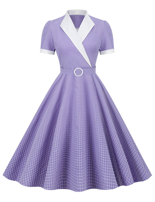 Purple Plaid V Neck Short Sleeve Swing Vintage 1950S Dress