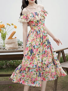 Off The Shoulder Floral Print Ruffles Vintage 1950S Dress