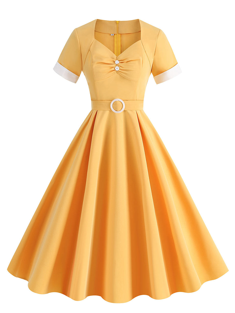 Yellow Sweet Heart 1950s Vintage Shirt Dress for Women Short Sleeve Audrey Hepburn Style Cocktail Swing Dress, Yellow / M