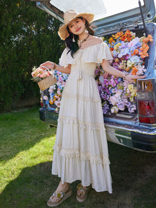 White Bohemian Off The Shoulder Ruffled Tassel High Waist Boho Maxi Dress