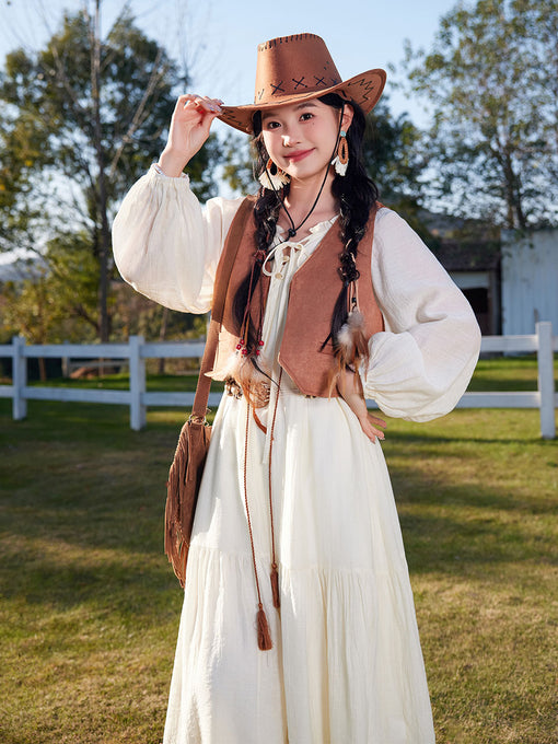 Bohemian White Ruffles Cotton Maxi Dress with Suede Embroidered Vest Boho Suit