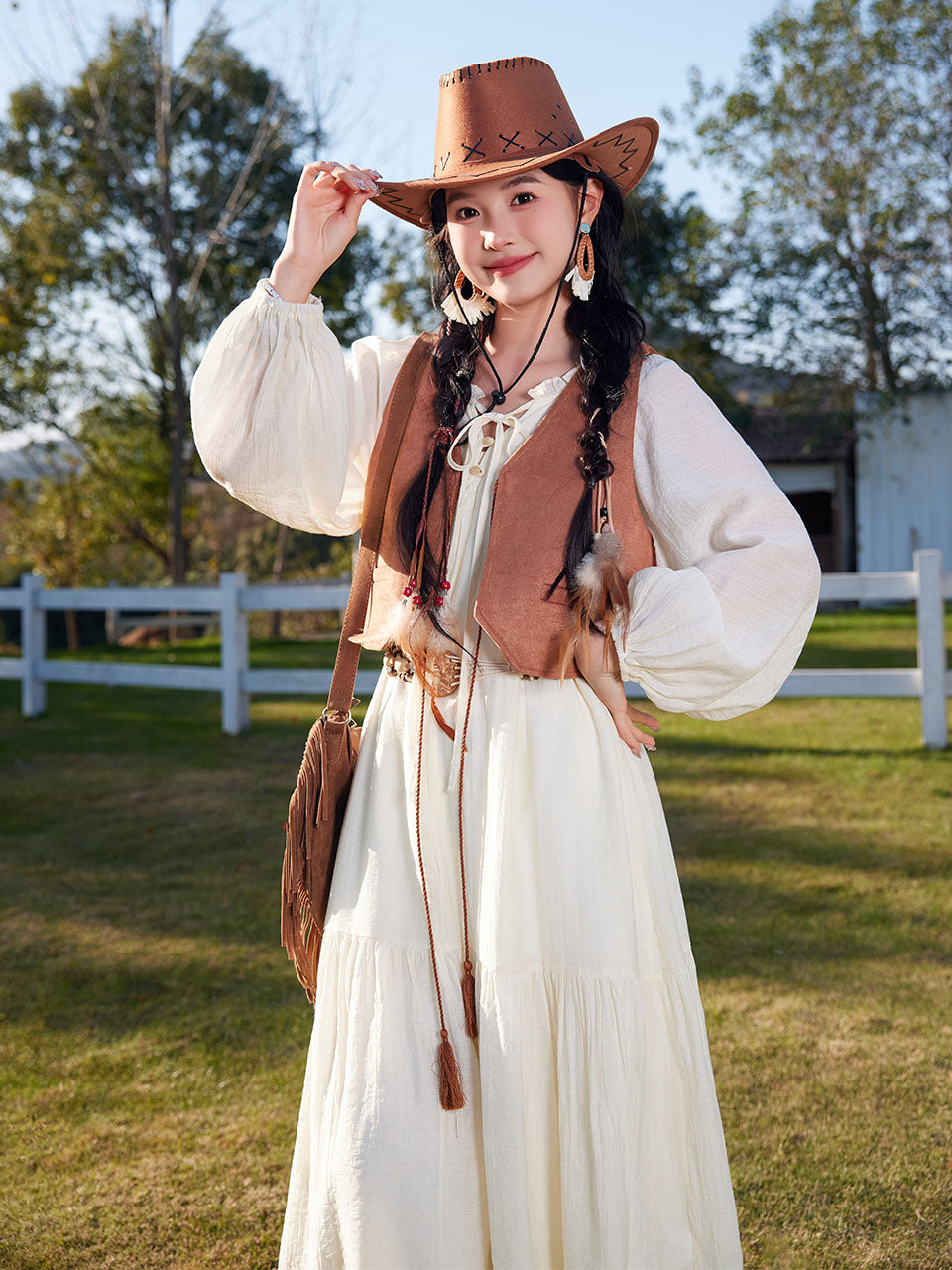 Bohemian White Ruffles Cotton Maxi Dress with Suede Embroidered Vest Boho Suit