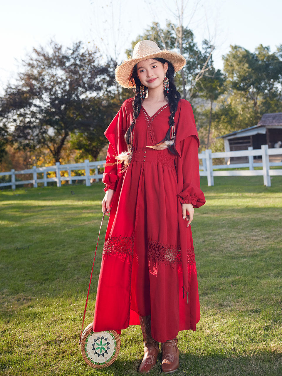 strapless open back dress Red Bohemian V Neck Ruffled Lace High Waist Boho Maxi Dress, Red / S