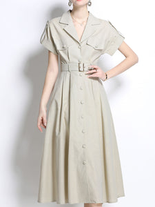1940S Lapel Shirt Cotton Dress with Pockets