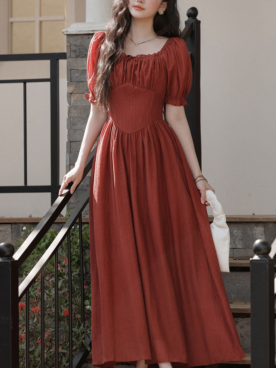 Red Vintage Ruffles Square Collar Puff Sleeve Cottagecore Dress, Red / M
