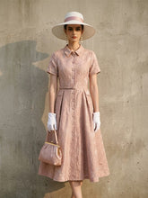 Load image into Gallery viewer, Pink Jacquard Elegant Embossed Floral Shirt Dress with Belt