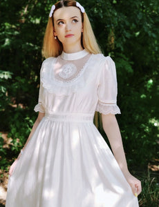 White Lace Ruffles Puff Sleeve Edwardian Revival Wedding Dress