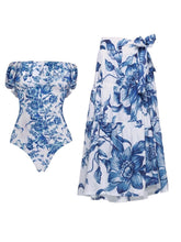 Load image into Gallery viewer, Vintage Blue and White Floral Off-the-Shoulder Swimsuit with Tiered Maxi Skirt 2-Piece Set