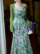 Load image into Gallery viewer, 2PS Green Floral Printed Spaghetti Straps Vintage Dress With Cardigan Suit