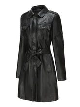 Load image into Gallery viewer, Women's Black Faux PU Leather Trench Mid-Length Coat with Belt