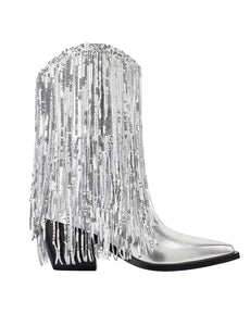 7CM Silver Fringed Chunky Heel  Boots Vintage Shoes