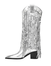 Load image into Gallery viewer, 7CM Luxury Silver Fringed Chunky Heel  Boots Vintage Shoes