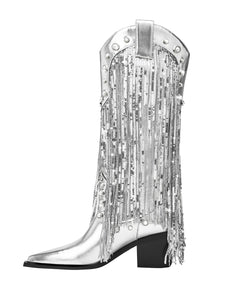 7CM Luxury Silver Fringed Chunky Heel  Boots Vintage Shoes