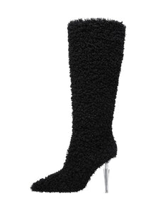 Black High Heel Pointed Toes Lambswool Retro Short Boots Shoes