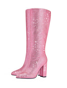 Pink High Heel Pointed Toes Luxury Bling Rhinestone Boots Shoes