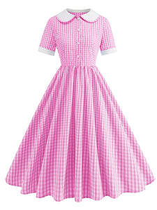 Women Vintage Pink Plaid Short Sleeve Dress with Belt Rockabilly Cocktail Party 1950S Swing Dress - Blue M Women Vintage Pink Plaid Short Sleeve Dress with Belt Rockabilly Cocktail Party 1950S Swing Dress - Blue M