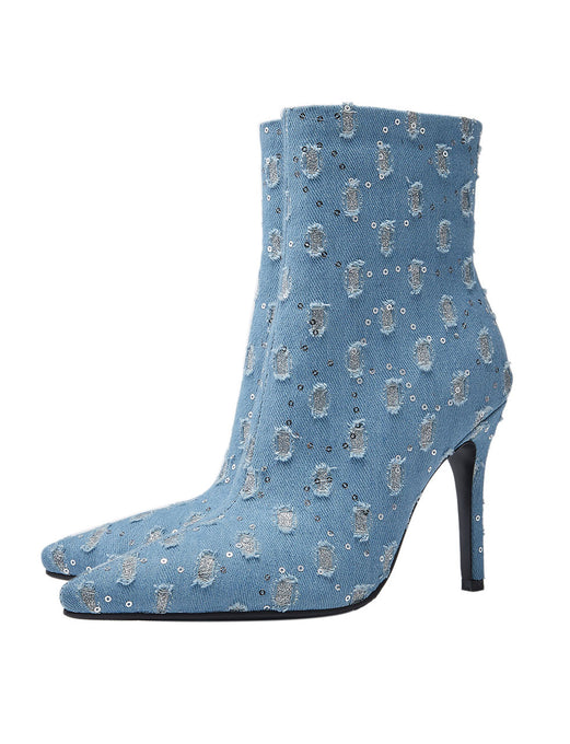 10CM Luxury Denim Sequined Ankle Boots Vintage Shoes