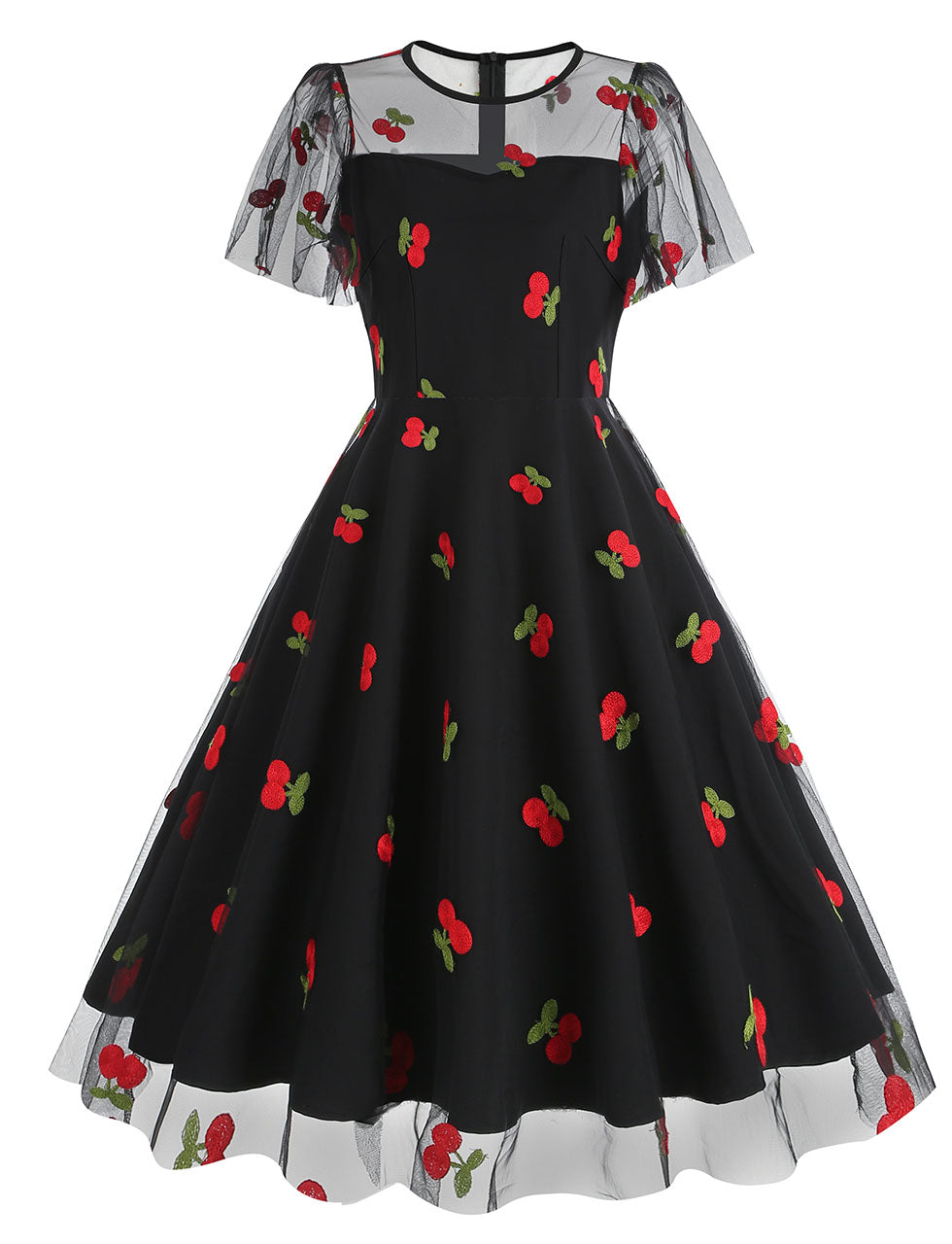 Black Semi Mesh Cherry Embroidered Short Sleevele 50S Swing Dress, Black / S Black Semi Mesh Cherry Embroidered Short Sleevele 50S Swing Dress, Black / S