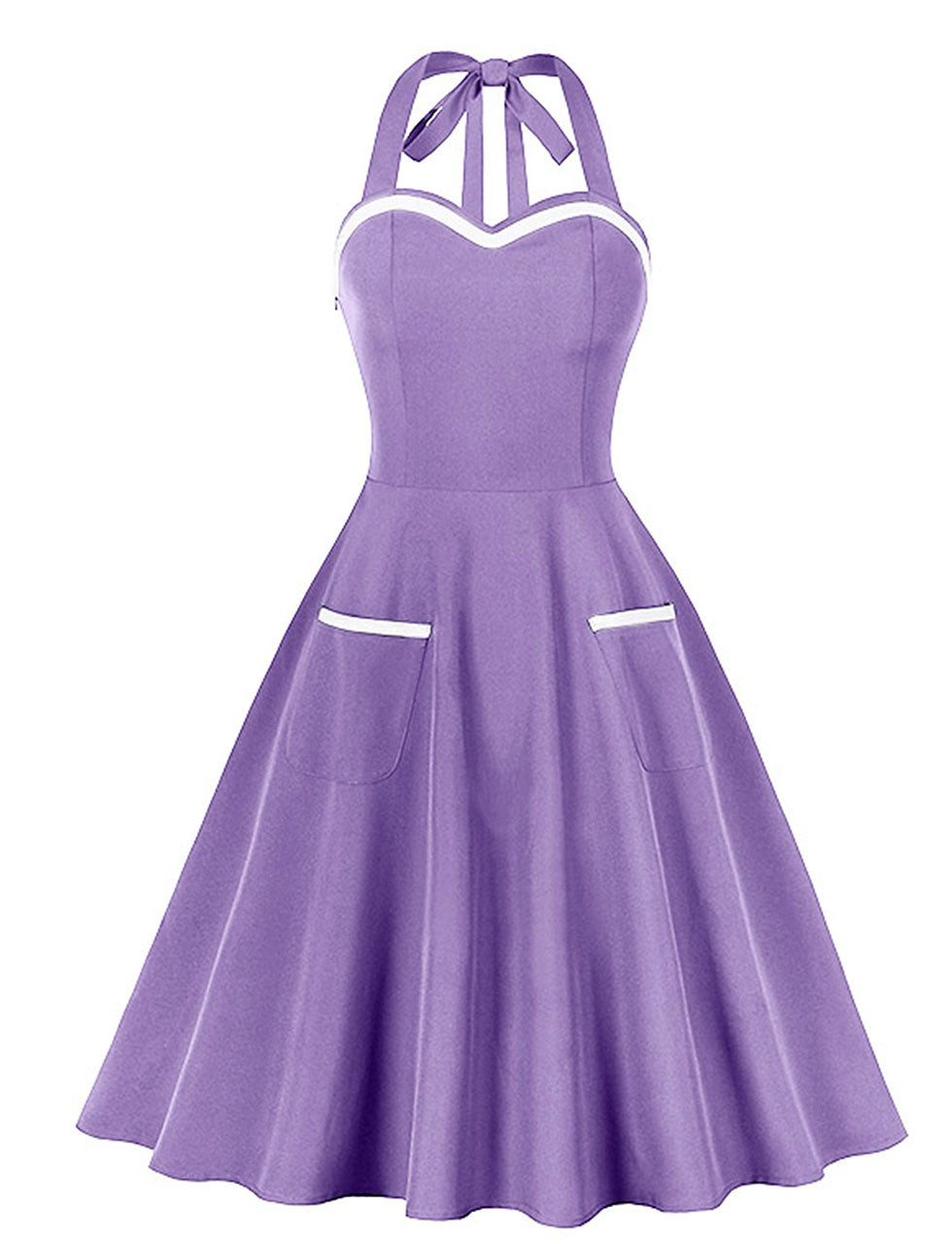 Purple Sweet Heart Halter Sleeveless 1950S Vintage Dress With Pockets, Purple / 2XL