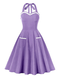 Purple Sweet Heart Halter Sleeveless 1950S Vintage Dress With Pockets, Dark Green / XL Purple Sweet Heart Halter Sleeveless 1950S Vintage Dress With Pockets, Dark Green / XL