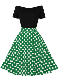 Off Shoulder Polka Dots 1950S Vintage Swing Dress With Button