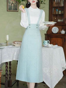 2PS Green Long Sleeve Warm Coat With Suspender Skirt Vintage Suit