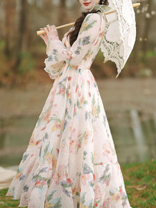 1950S White Ruffles V Neck Floral Print Swing Dress For Women