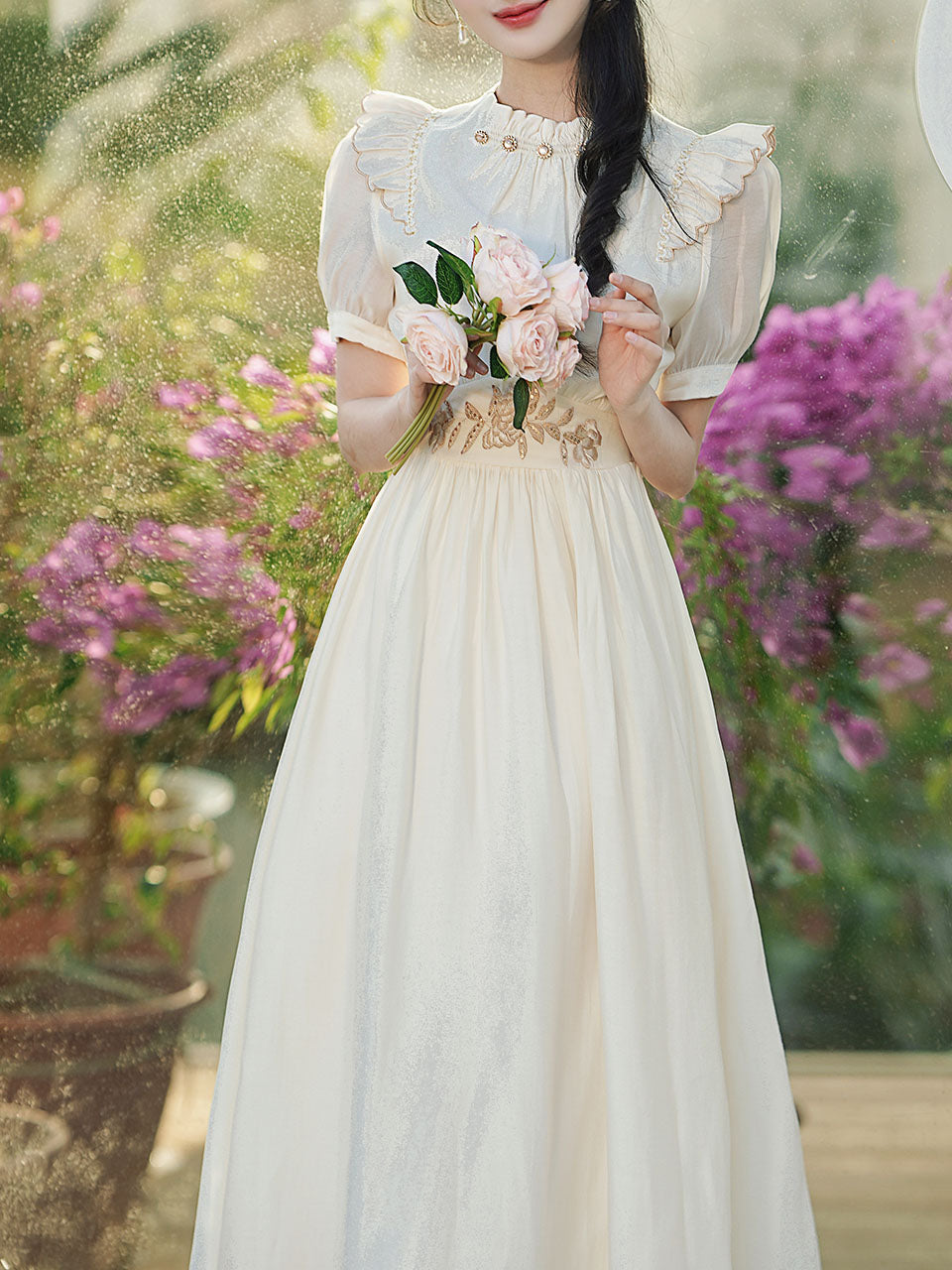 white collar dress White Ruffles Collar Embroidered Puff Sleeve 1950S Vintage Dress – Jolly Vintage