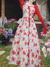 Load image into Gallery viewer, 2PS Red Rose Spaghetti Strap 1950S Vintage Dress With Long Sleeve Ruffles Cardigan