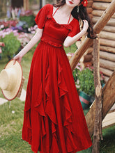 Load image into Gallery viewer, 2PS Red Rose Ruffles Spaghetti Strap Top and High Waist Swing Dress Set