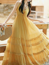 Load image into Gallery viewer, 2PS Yellow Bohemian Maxi Dress Set with Detachable Cardigan