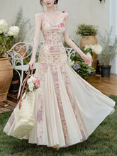 Load image into Gallery viewer, Pink Floral Print Spaghetti Strap Fishtail Flared Vintage Maxi Dress
