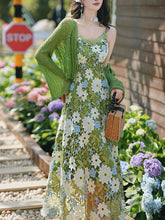 Load image into Gallery viewer, 2PS Green Floral Lace Dress with Green Knit Mesh Cardigan