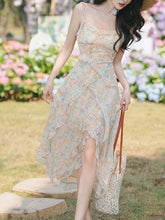 Load image into Gallery viewer, 2PS Apricot Floral Printed Spaghetti Strap High-low Ruffled Hem Vintage Dress With Cardigan Suit