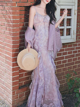 Load image into Gallery viewer, 2PS Purple Ruffles Floral Printed Spaghetti Strap Vintage Dress With Cardigan Suit