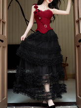 Load image into Gallery viewer, Gothic Red Corset Tiered Tulle Maxi Dress  Rose Asymmetric Ruffle Dark Romantic Party Gown