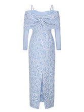 Load image into Gallery viewer, Baby Blue Off Shoulder Oversized Bow Soft Jacquard Maxi Gown with Sheer Mesh Sleeves