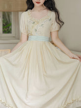 Load image into Gallery viewer, Apricot V Neck Floral Ruffles Princess Puff Sleeve Vintage Dress