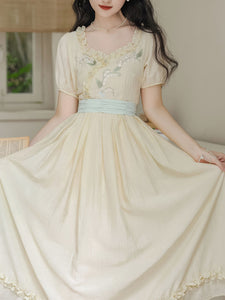Apricot V Neck Floral Ruffles Princess Puff Sleeve Vintage Dress