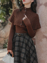 Load image into Gallery viewer, 3PS Brown Bow Knitted Sweater Top Cape With Plaid Skirt Vintage 1950s Suits