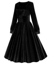 Load image into Gallery viewer, Christmas Green Square Collar Long Sleeve Velvet 1950S Vintage Swing Dress